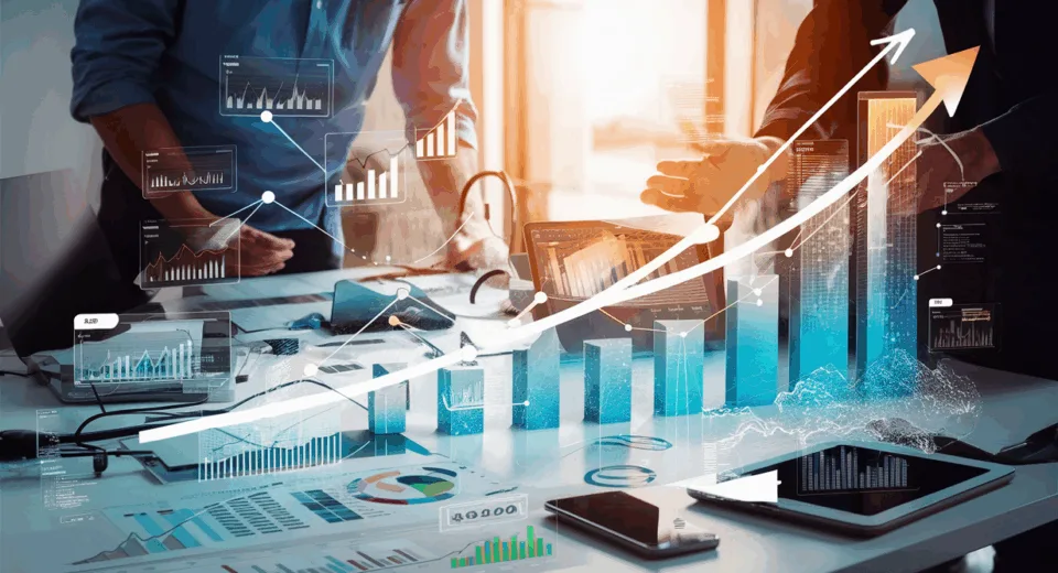 Modern digital workspace illustrating professional content marketing services for SaaS companies with charts, data flows, and technology devices under natural lighting.