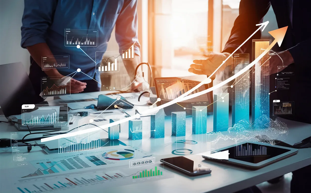 Modern digital workspace illustrating professional content marketing services for SaaS companies with charts, data flows, and technology devices under natural lighting.