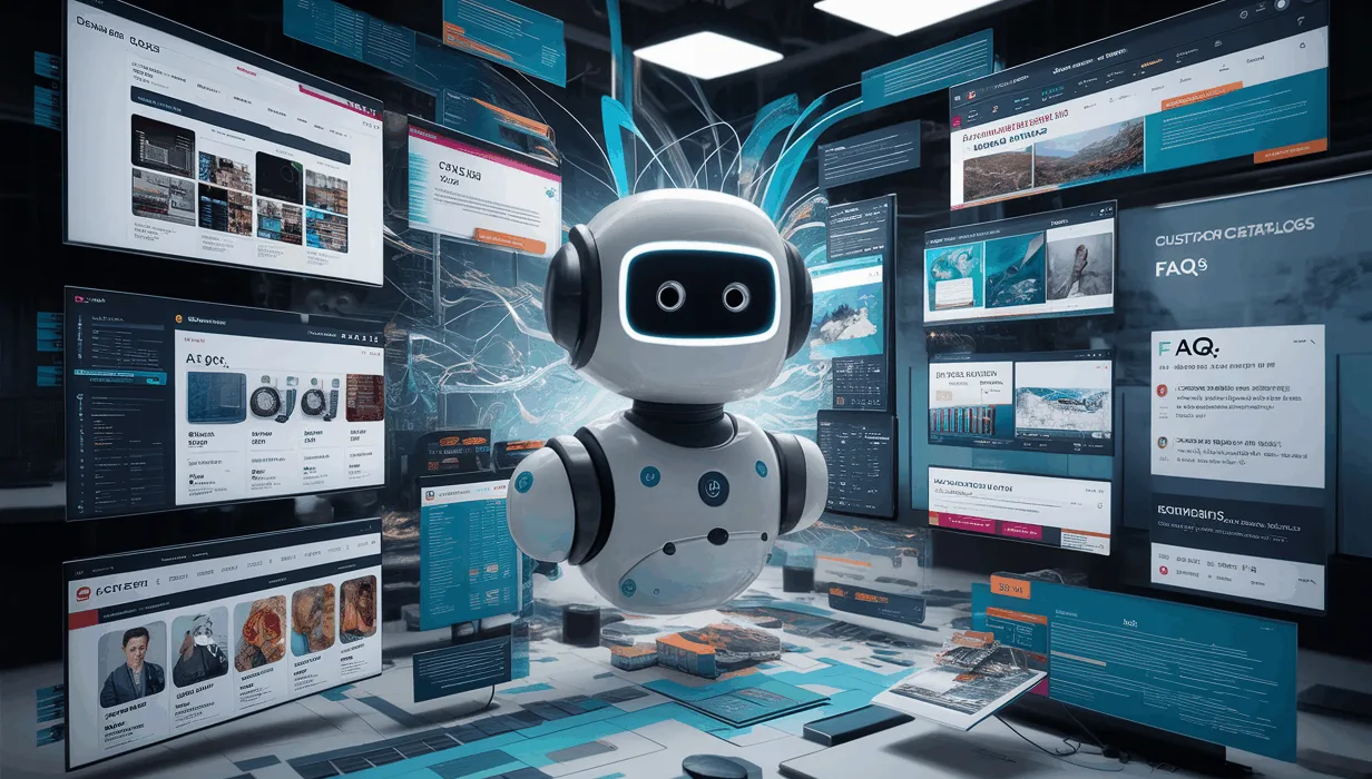 A modern AI chatbot interacting with business website content, symbolizing a customized AI customer support solution based on website data.