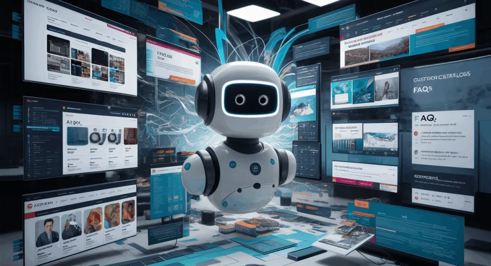A modern AI chatbot interacting with business website content, symbolizing a customized AI customer support solution based on website data.