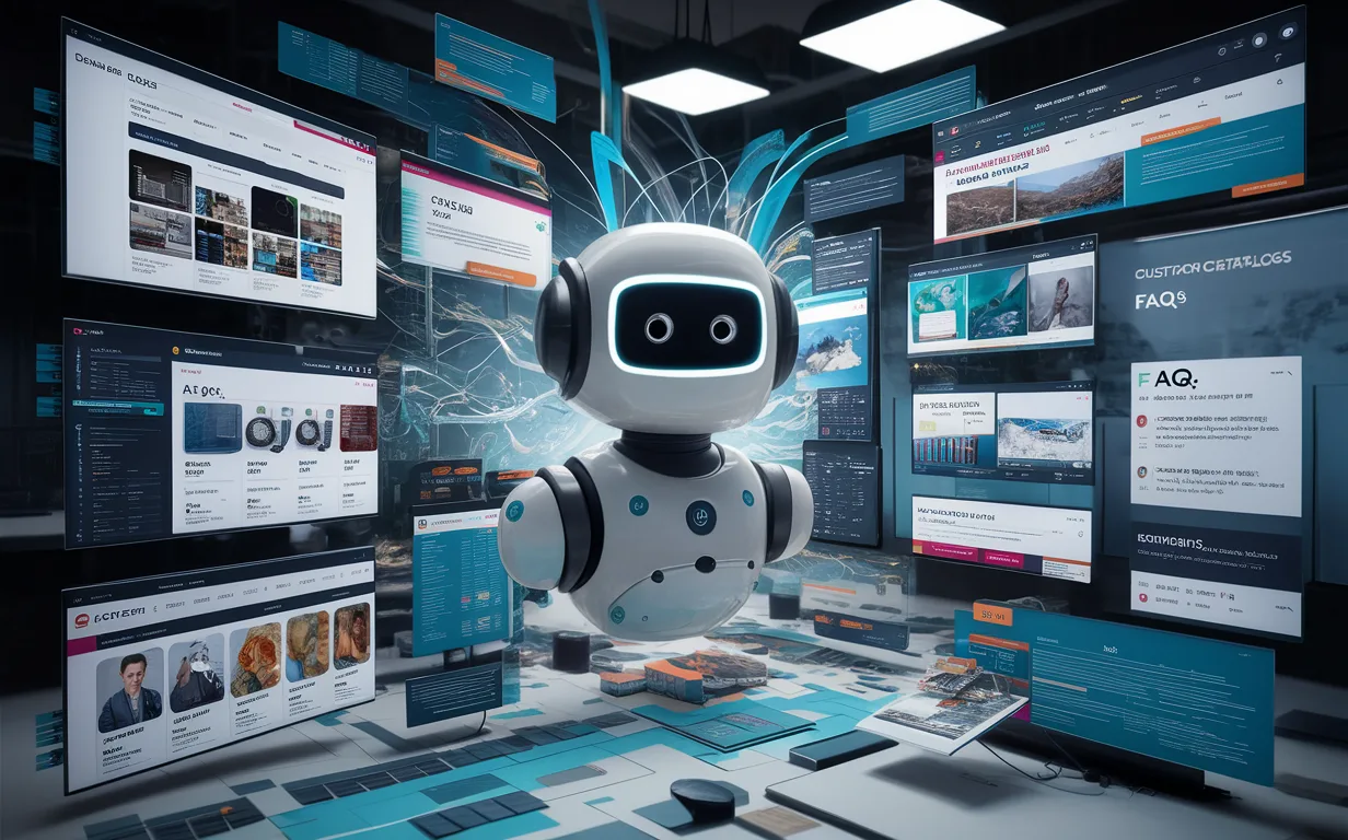 A modern AI chatbot interacting with business website content, symbolizing a customized AI customer support solution based on website data.