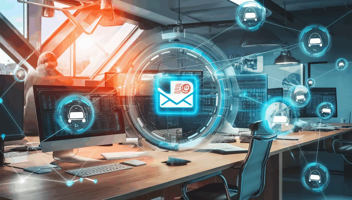 Realistic 4K image of a futuristic AI-powered outreach email automation system with holographic data flow and interconnected link-building networks in a modern workspace under natural daylight.