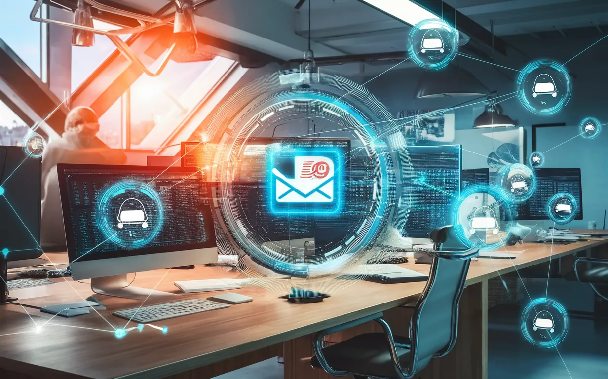 Realistic 4K image of a futuristic AI-powered outreach email automation system with holographic data flow and interconnected link-building networks in a modern workspace under natural daylight.