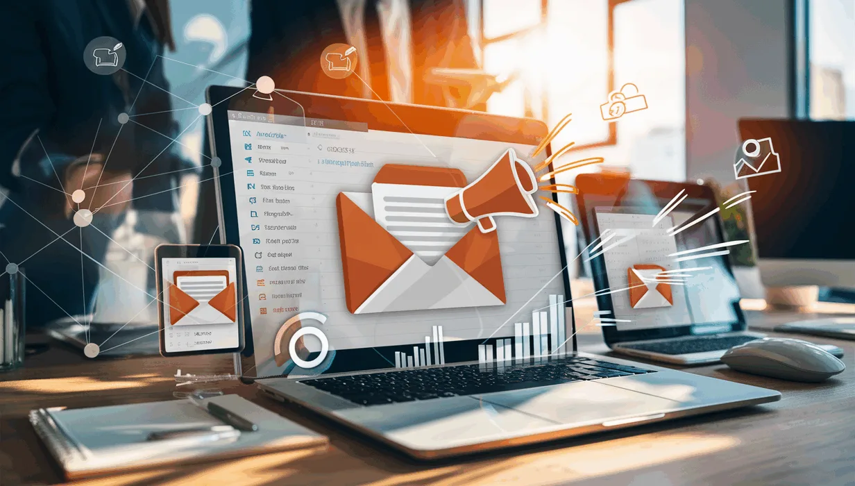 A realistic office workspace with digital devices displaying email and marketing icons, illustrating email signatures as a marketing tool.