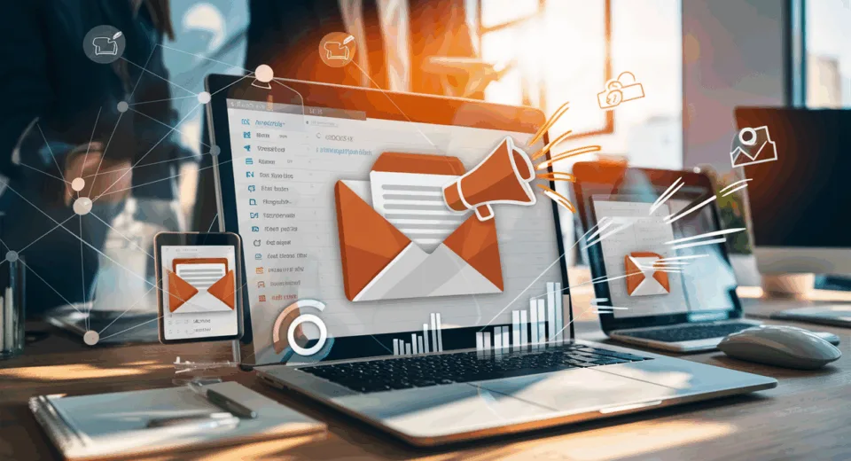 A realistic office workspace with digital devices displaying email and marketing icons, illustrating email signatures as a marketing tool.