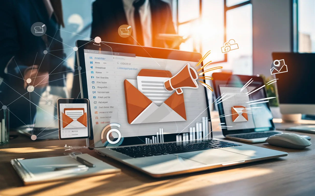 A realistic office workspace with digital devices displaying email and marketing icons, illustrating email signatures as a marketing tool.