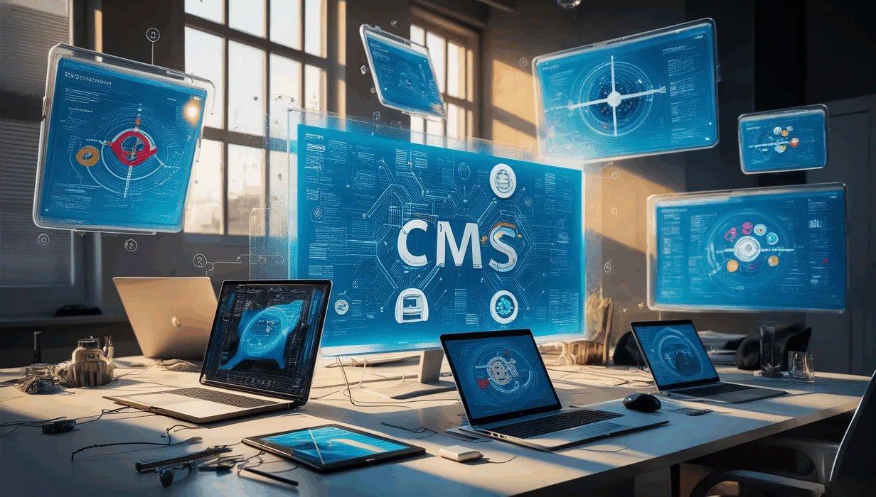 Realistic workspace with floating digital screens showing abstract Firebase and CMS icons, representing an intuitive headless CMS solution for Firebase in a modern tech environment.