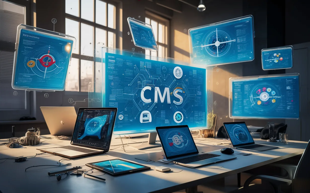 Realistic workspace with floating digital screens showing abstract Firebase and CMS icons, representing an intuitive headless CMS solution for Firebase in a modern tech environment.