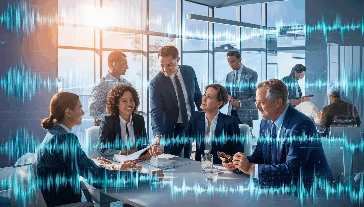 Realistic office scene showing professionals using AI-powered automated meeting transcription and organization tools on digital screens, symbolizing improved business productivity.