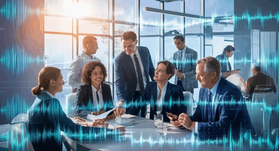 Realistic office scene showing professionals using AI-powered automated meeting transcription and organization tools on digital screens, symbolizing improved business productivity.