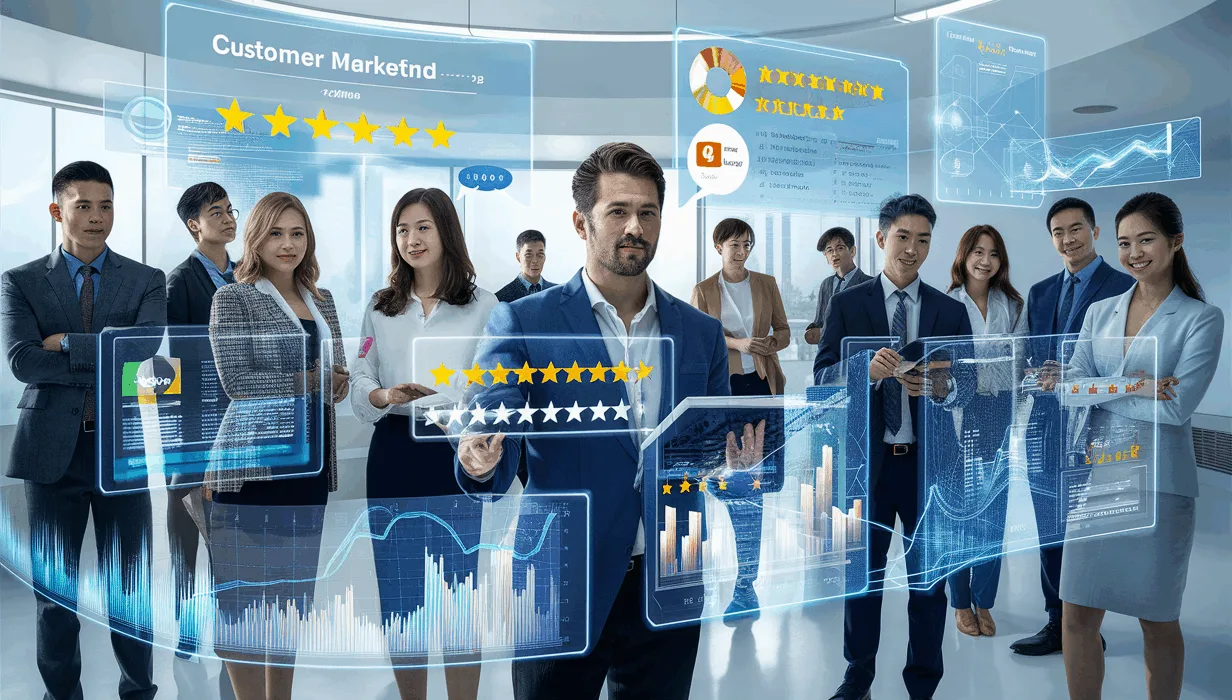 Realistic 4K illustration of a digital marketing platform displaying customer review data on holographic screens around young professionals in a modern office, symbolizing social proof marketing.