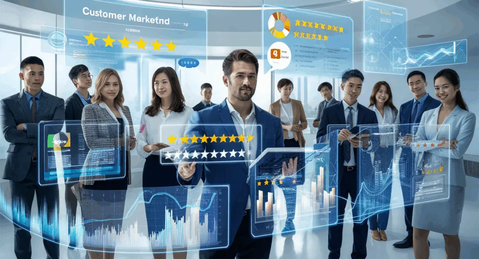 Realistic 4K illustration of a digital marketing platform displaying customer review data on holographic screens around young professionals in a modern office, symbolizing social proof marketing.