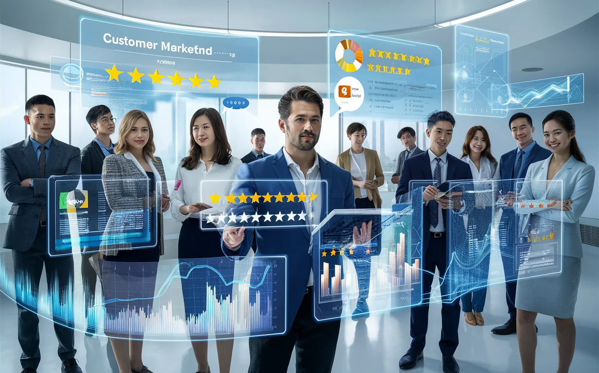 Realistic 4K illustration of a digital marketing platform displaying customer review data on holographic screens around young professionals in a modern office, symbolizing social proof marketing.