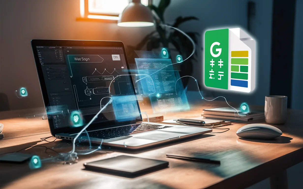 A modern workspace with a laptop showing a web design interface connected to a glowing Google Sheets icon, symbolizing no-code website building using Google Sheets, illuminated by natural light.