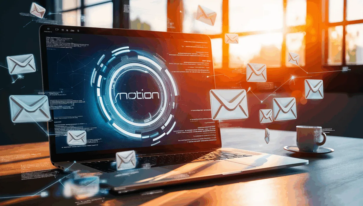 A high-detail digital workspace showing a laptop with Notion open, surrounded by floating email icons symbolizing automated information sharing.