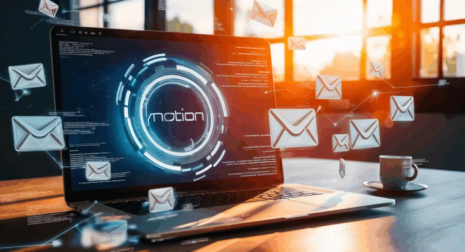 A high-detail digital workspace showing a laptop with Notion open, surrounded by floating email icons symbolizing automated information sharing.