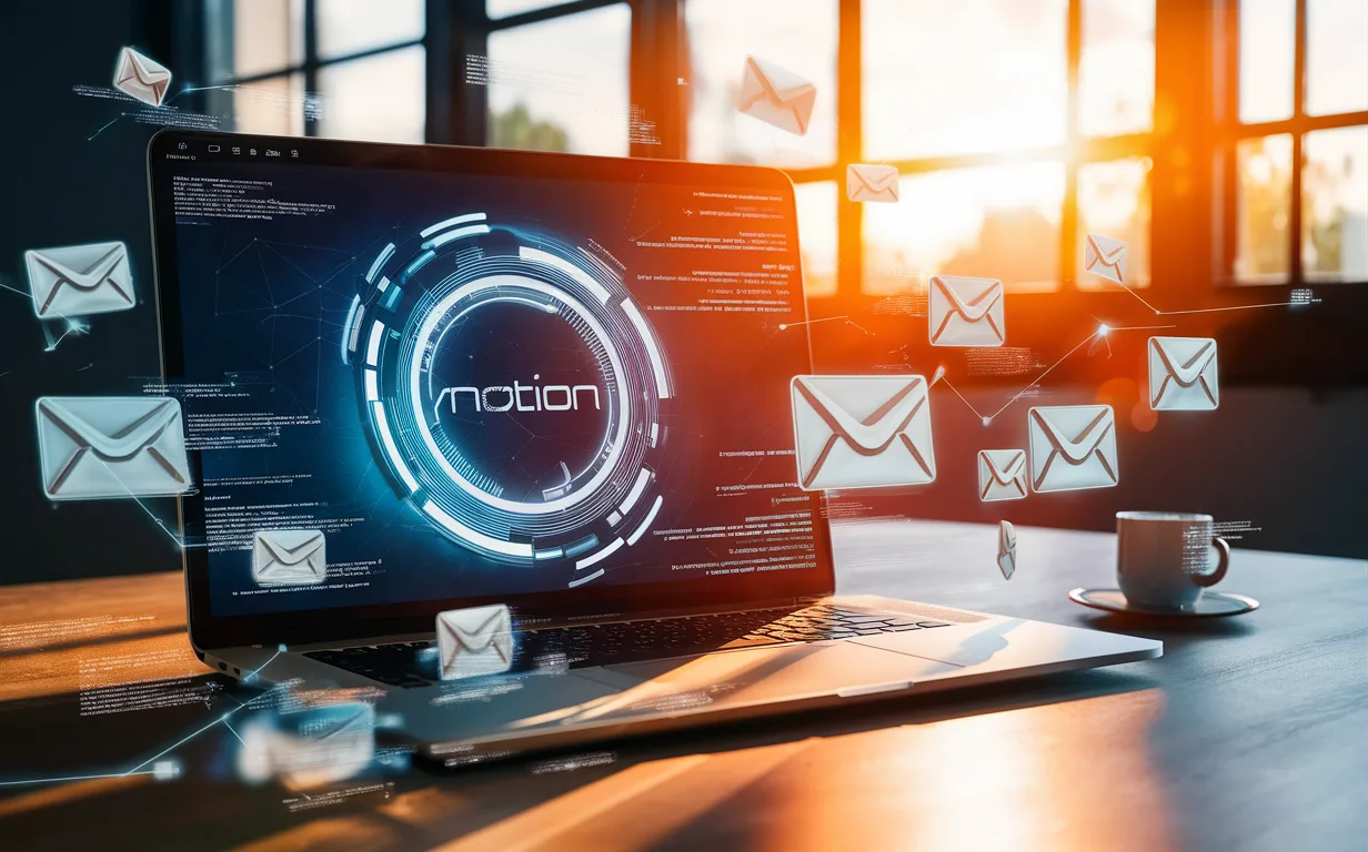 A high-detail digital workspace showing a laptop with Notion open, surrounded by floating email icons symbolizing automated information sharing.