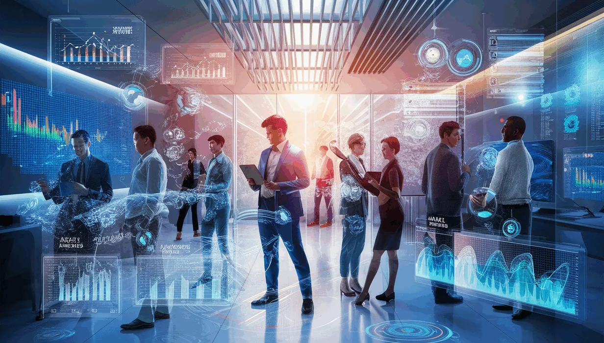 Photo-realistic image of professionals working in a high-tech office with futuristic transparent screens displaying customer feedback data and AI analytics, representing a customer feedback platform.
