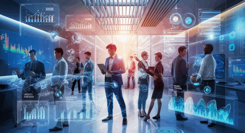 Photo-realistic image of professionals working in a high-tech office with futuristic transparent screens displaying customer feedback data and AI analytics, representing a customer feedback platform.