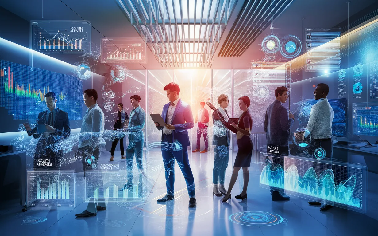 Photo-realistic image of professionals working in a high-tech office with futuristic transparent screens displaying customer feedback data and AI analytics, representing a customer feedback platform.