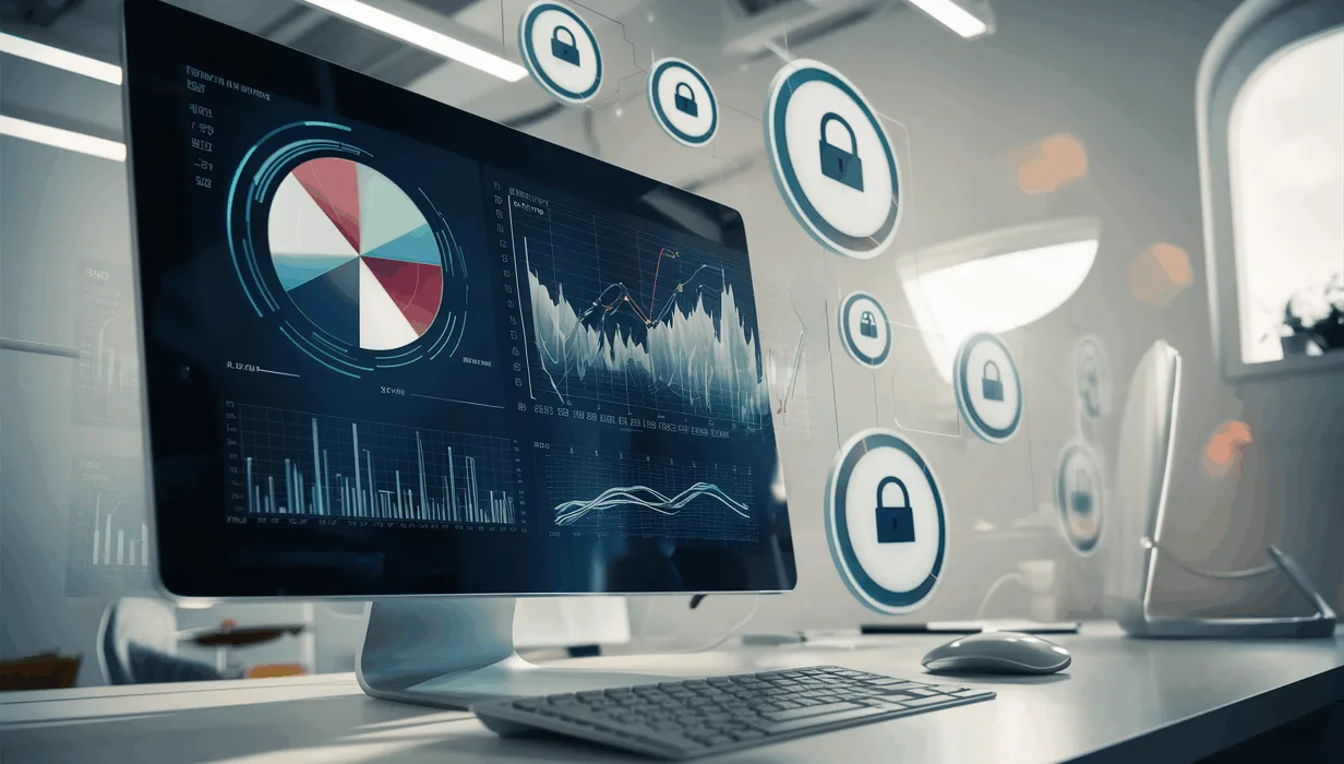 Realistic image of a modern workspace with a computer displaying abstract data charts, symbolizing privacy-focused web analytics and open-source data tracking.