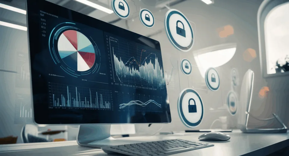 Realistic image of a modern workspace with a computer displaying abstract data charts, symbolizing privacy-focused web analytics and open-source data tracking.