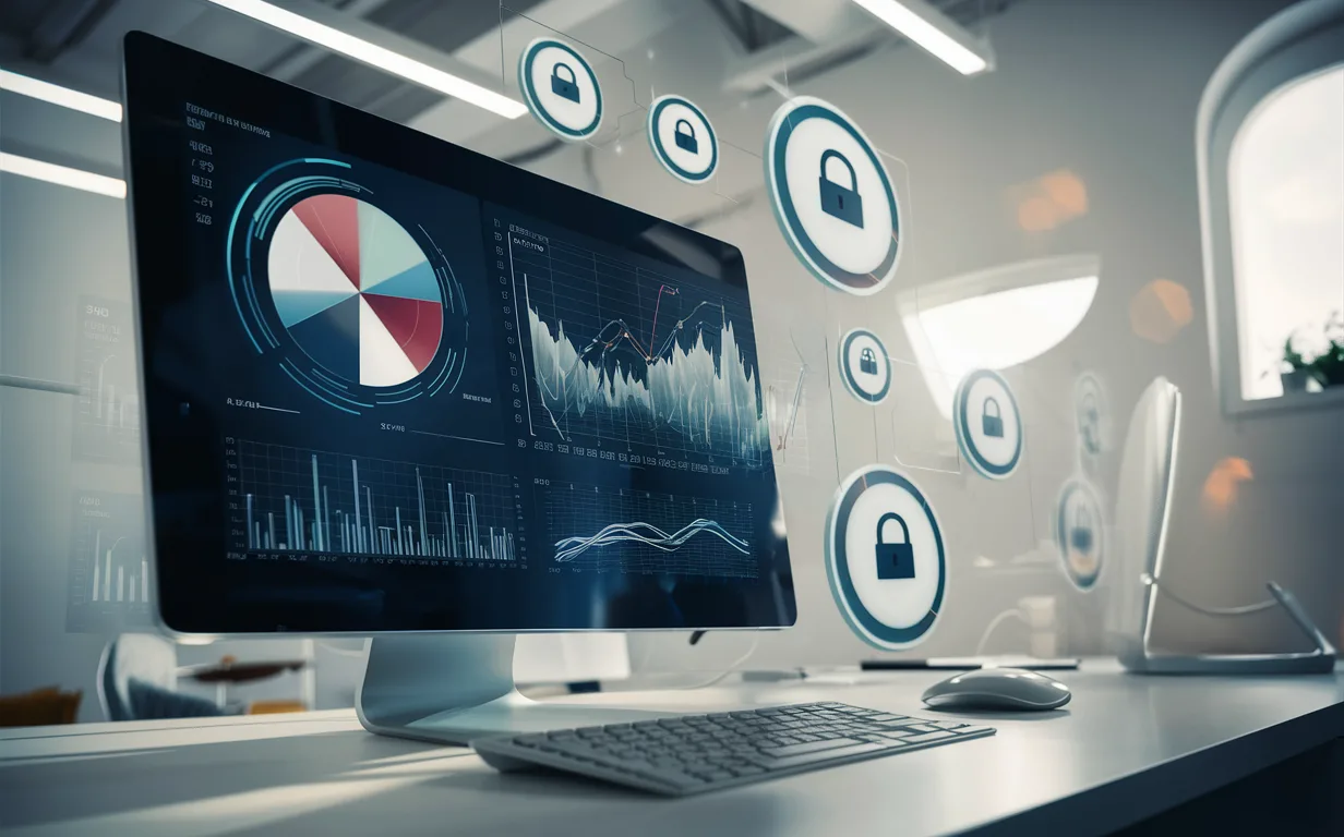 Realistic image of a modern workspace with a computer displaying abstract data charts, symbolizing privacy-focused web analytics and open-source data tracking.