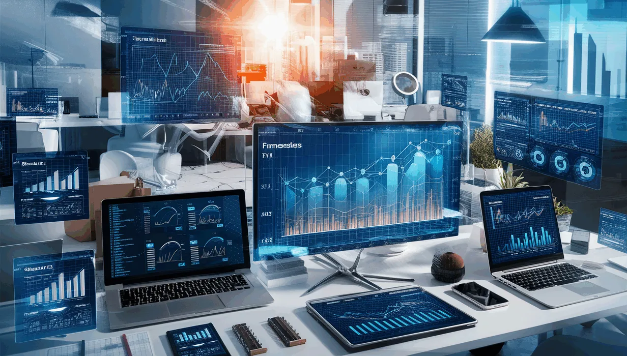 A realistic freelancer workspace with multiple digital screens displaying financial graphs and project timelines, symbolizing efficient financial planning and project forecasting for freelancers.