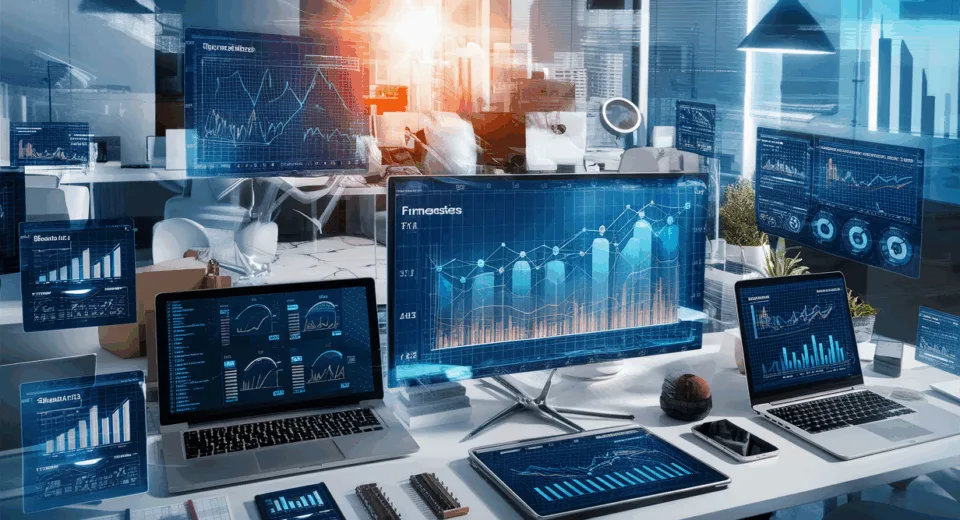 A realistic freelancer workspace with multiple digital screens displaying financial graphs and project timelines, symbolizing efficient financial planning and project forecasting for freelancers.