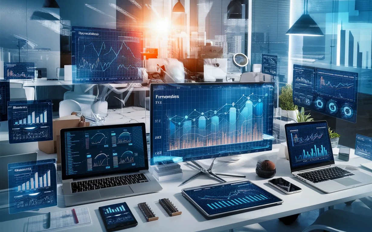 A realistic freelancer workspace with multiple digital screens displaying financial graphs and project timelines, symbolizing efficient financial planning and project forecasting for freelancers.