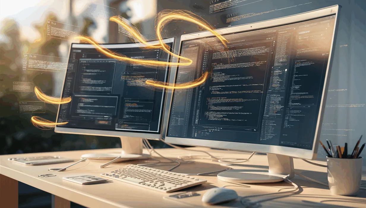 Realistic 4K image of a modern workspace with dual monitors showing CSS code and dynamic visual elements representing CSS extraction for web design and development.