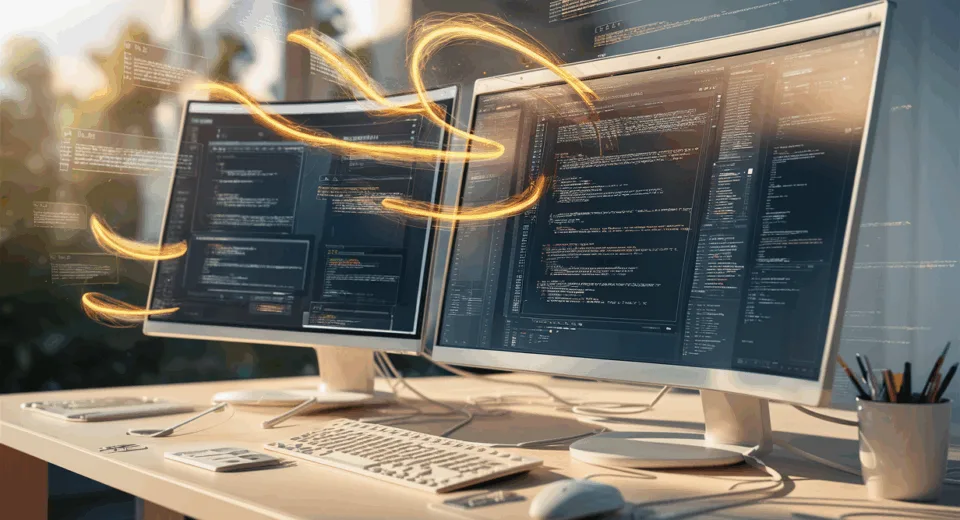 Realistic 4K image of a modern workspace with dual monitors showing CSS code and dynamic visual elements representing CSS extraction for web design and development.