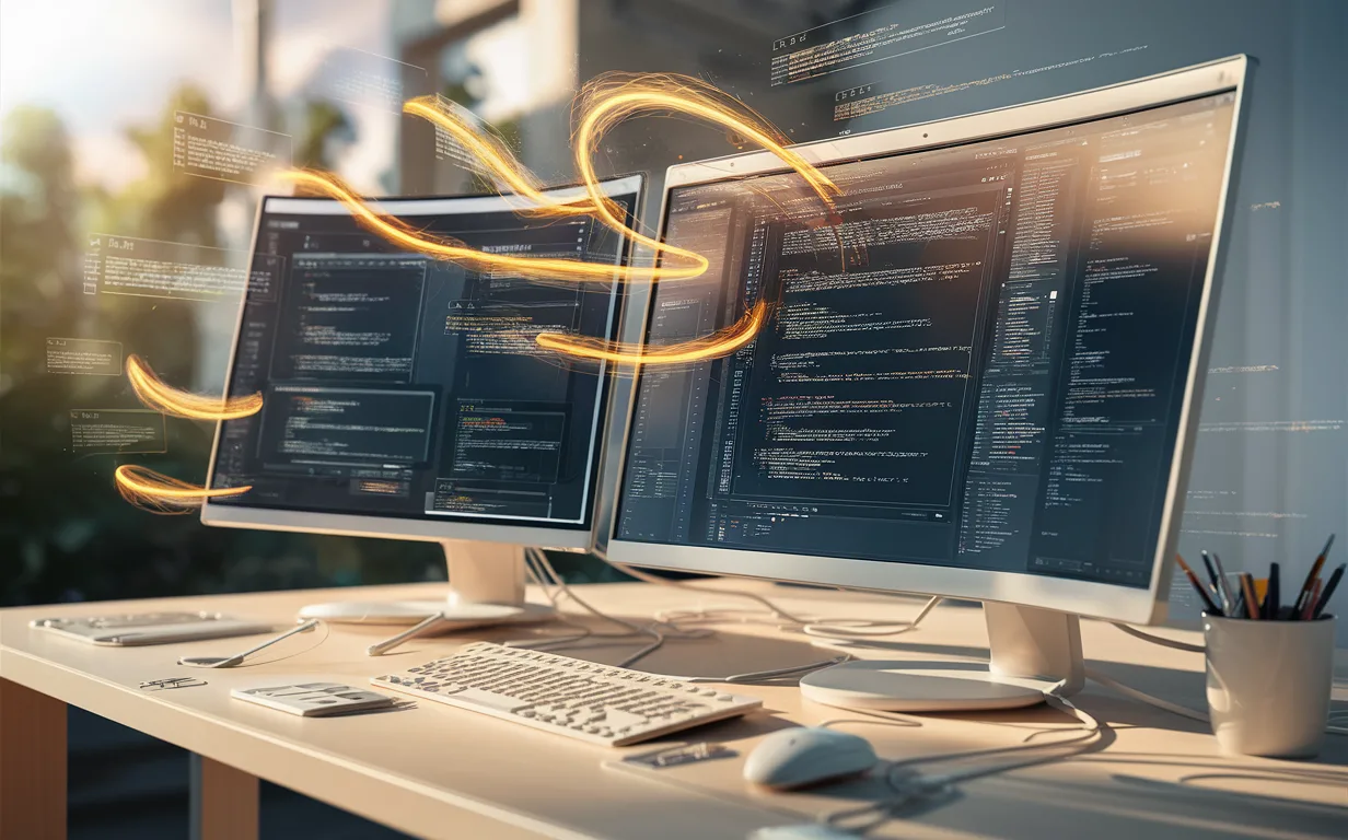Realistic 4K image of a modern workspace with dual monitors showing CSS code and dynamic visual elements representing CSS extraction for web design and development.