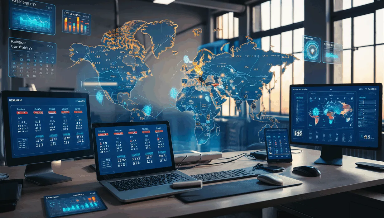 Realistic image of a modern workspace with digital devices showing global holiday calendars and API integration dashboards illuminated by natural light, symbolizing a global holiday API service.