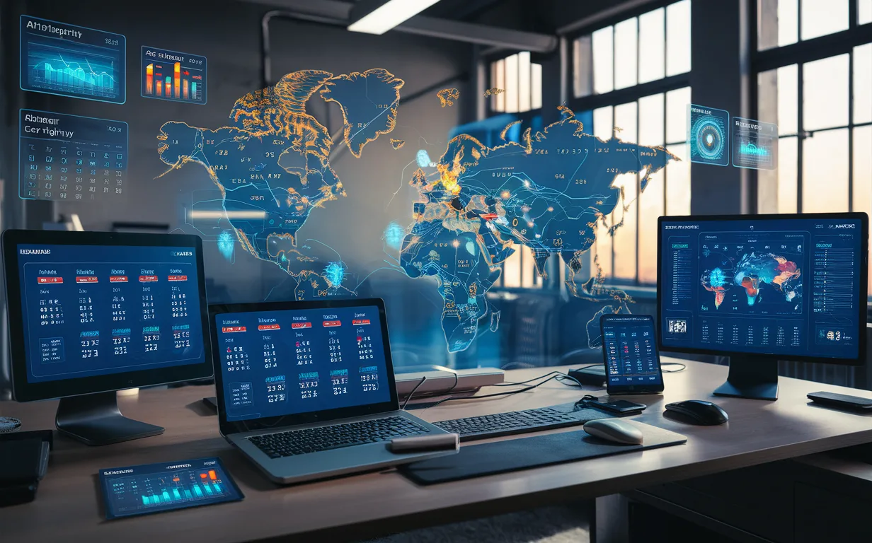 Realistic image of a modern workspace with digital devices showing global holiday calendars and API integration dashboards illuminated by natural light, symbolizing a global holiday API service.