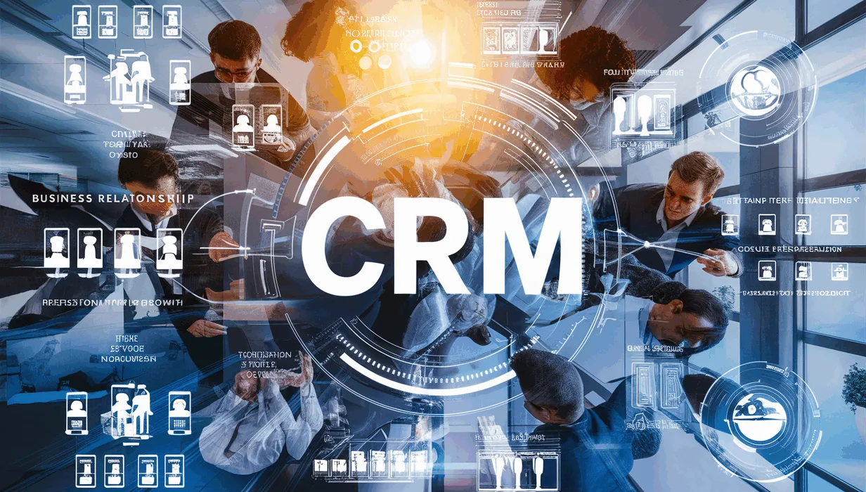 Realistic office scene showcasing professionals collaborating with futuristic digital interfaces illustrating CRM data integration and business relationship growth.