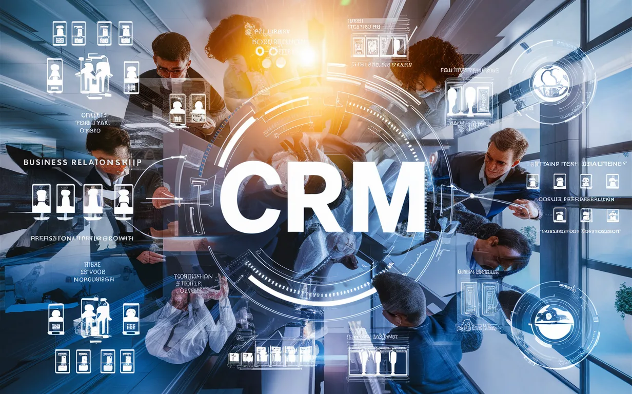 Realistic office scene showcasing professionals collaborating with futuristic digital interfaces illustrating CRM data integration and business relationship growth.
