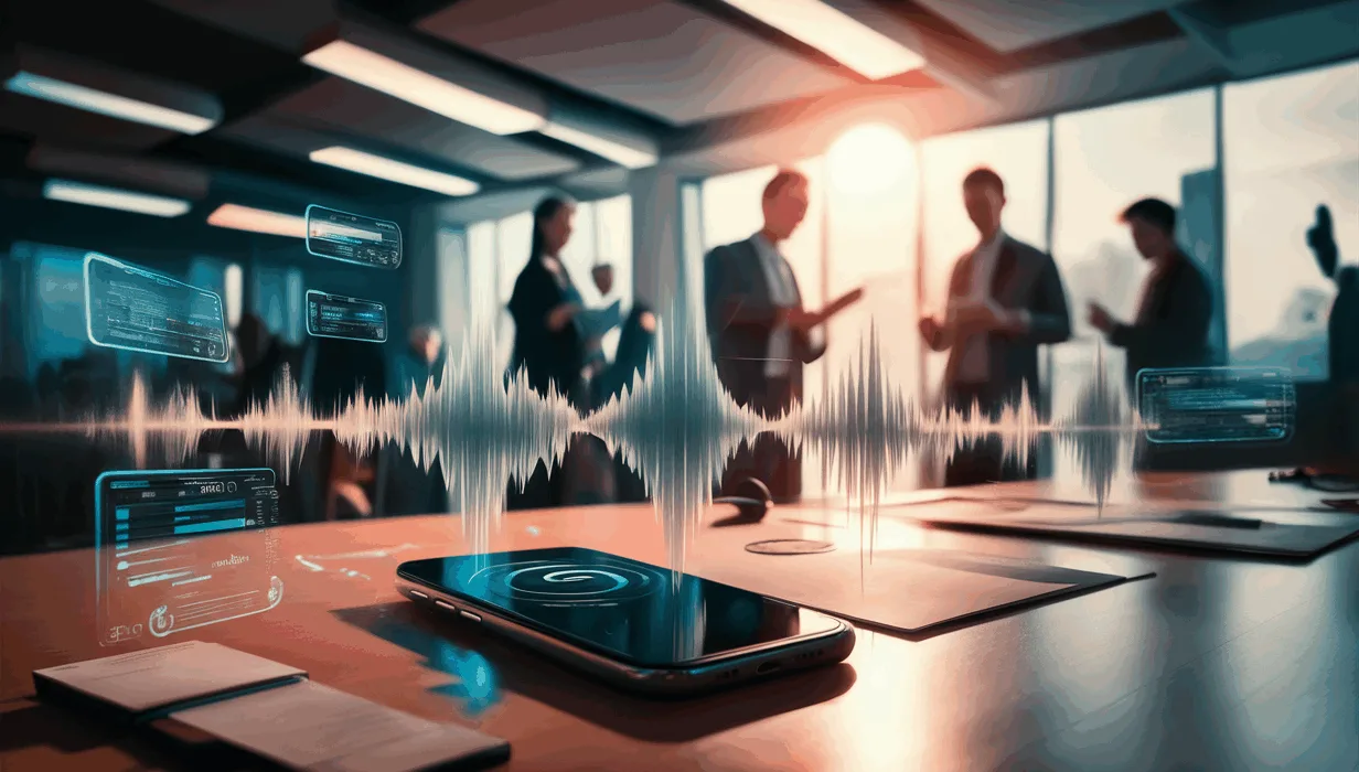 Modern office scene with smartphone showing audio waveform and floating digital interfaces, representing email-to-voice conversion technology in a busy professional setting.