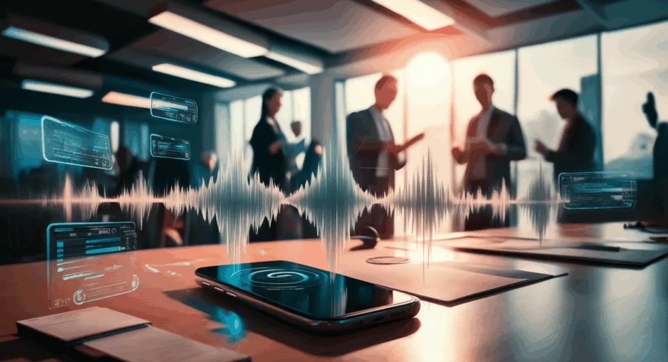 Modern office scene with smartphone showing audio waveform and floating digital interfaces, representing email-to-voice conversion technology in a busy professional setting.