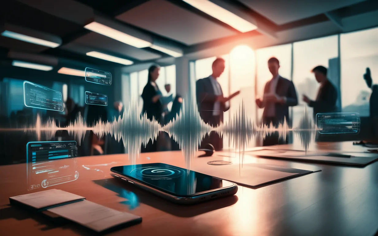 Modern office scene with smartphone showing audio waveform and floating digital interfaces, representing email-to-voice conversion technology in a busy professional setting.