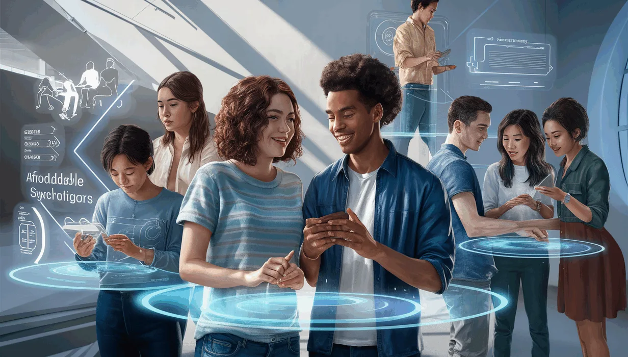 Realistic digital scene showing diverse young adults engaging with peer counselors through futuristic interfaces, representing an accessible and affordable mental health peer support platform.
