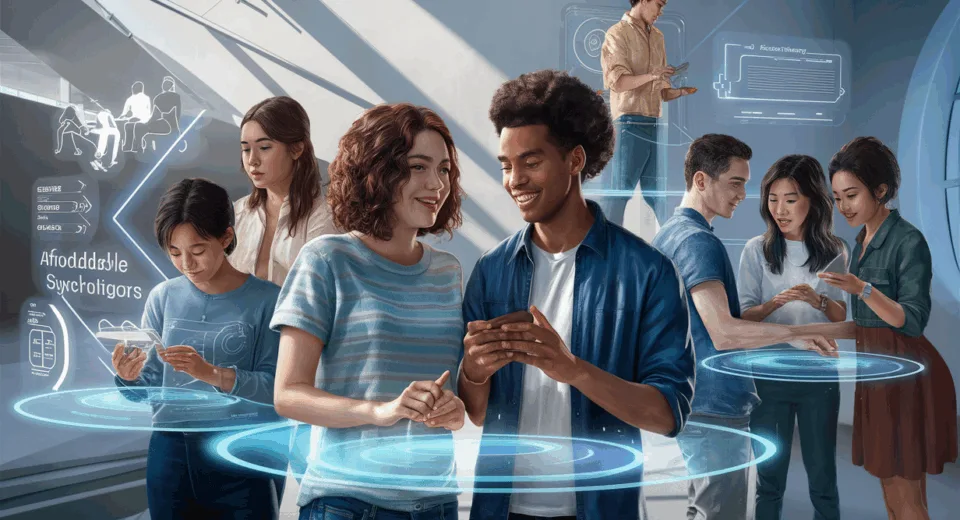 Realistic digital scene showing diverse young adults engaging with peer counselors through futuristic interfaces, representing an accessible and affordable mental health peer support platform.