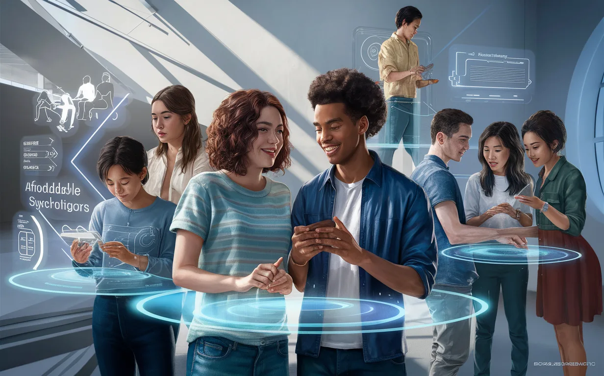 Realistic digital scene showing diverse young adults engaging with peer counselors through futuristic interfaces, representing an accessible and affordable mental health peer support platform.