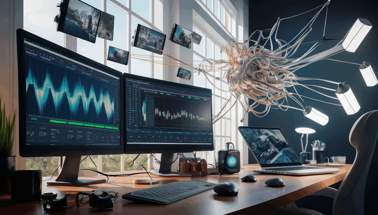 Realistic workspace featuring AI-powered video editing for social media shorts, showing monitors with editing timelines and abstract neural network visuals symbolizing automated video clipping.