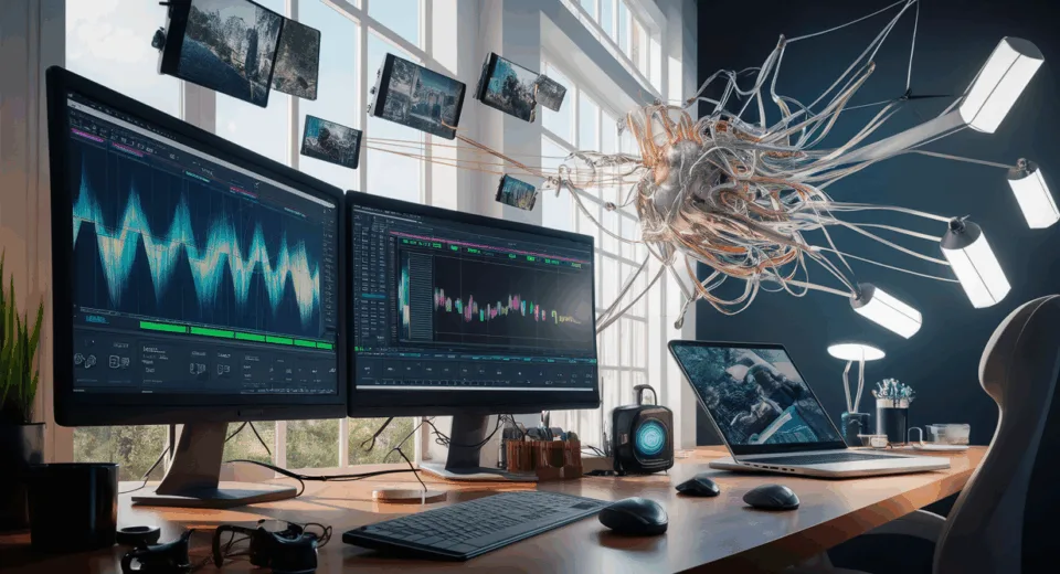 Realistic workspace featuring AI-powered video editing for social media shorts, showing monitors with editing timelines and abstract neural network visuals symbolizing automated video clipping.