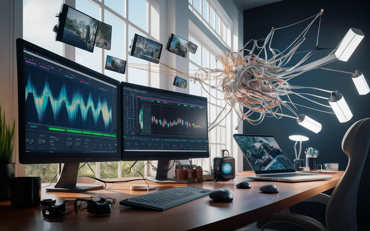Realistic workspace featuring AI-powered video editing for social media shorts, showing monitors with editing timelines and abstract neural network visuals symbolizing automated video clipping.