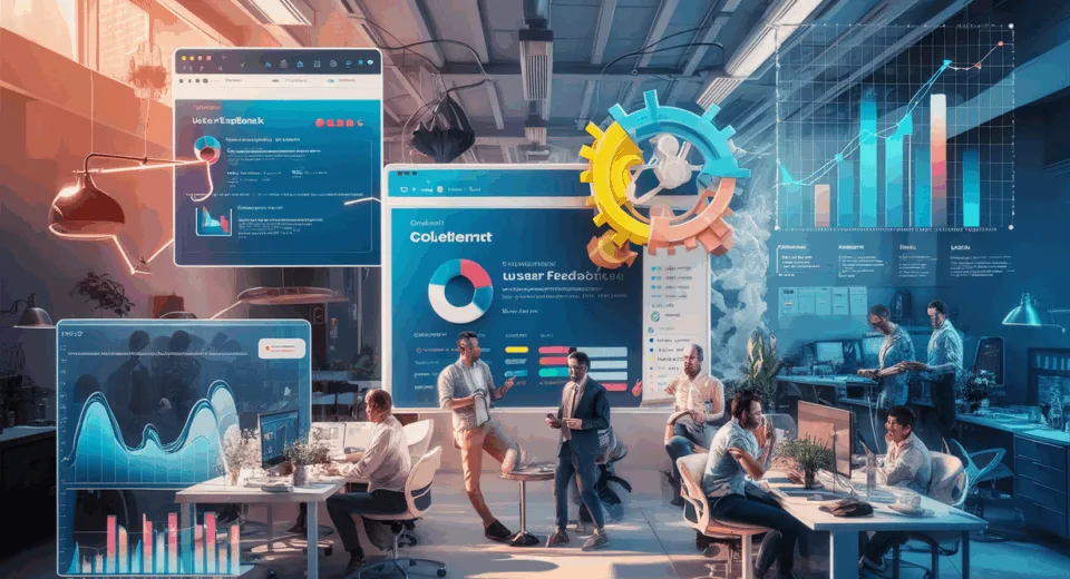Realistic 4K image of a SaaS in-app feedback platform showing digital survey interfaces and growth charts in a modern workspace with natural light, symbolizing accelerated product improvement.