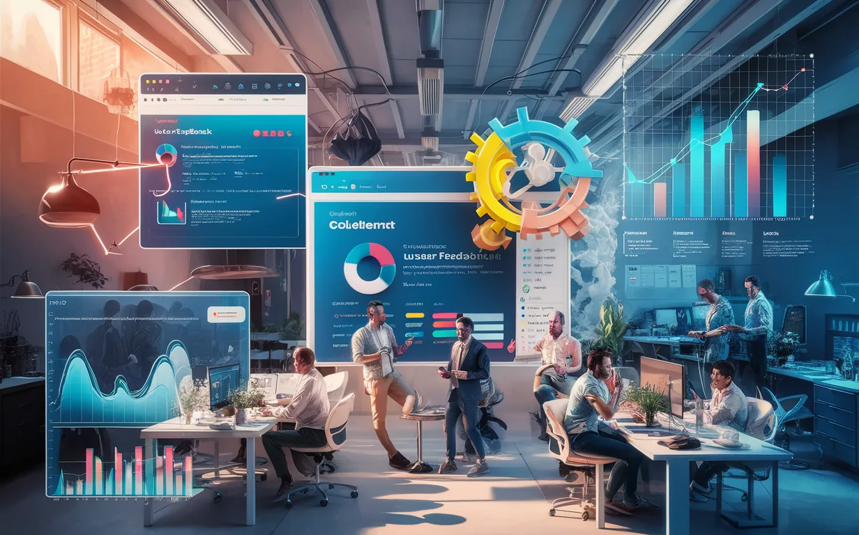 Realistic 4K image of a SaaS in-app feedback platform showing digital survey interfaces and growth charts in a modern workspace with natural light, symbolizing accelerated product improvement.