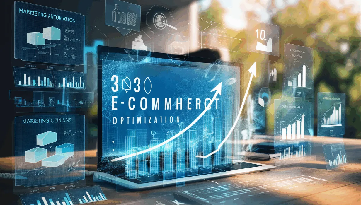 A futuristic digital workspace with holographic ecommerce analytics and conversion optimization graphics symbolizing increased sales and marketing automation.