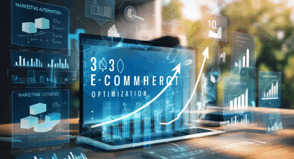 A futuristic digital workspace with holographic ecommerce analytics and conversion optimization graphics symbolizing increased sales and marketing automation.